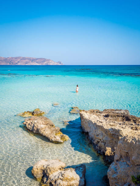 elafonisi, crete, greece, a paradise beach with turquoise water, an island located close to the island of crete - beautiful blue sport vertical imagens e fotografias de stock