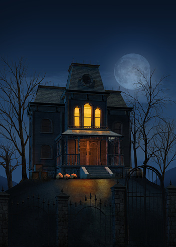 Halloween concept, a spooky haunted ghost house at full moon on a lonely hill, 3d render