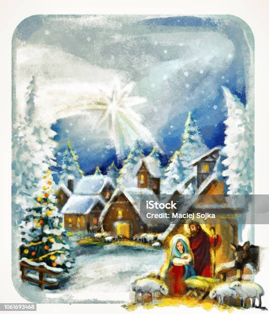 Traditional Christmas Scene With Holy Family Near Vintage Village Stock Illustration - Download Image Now