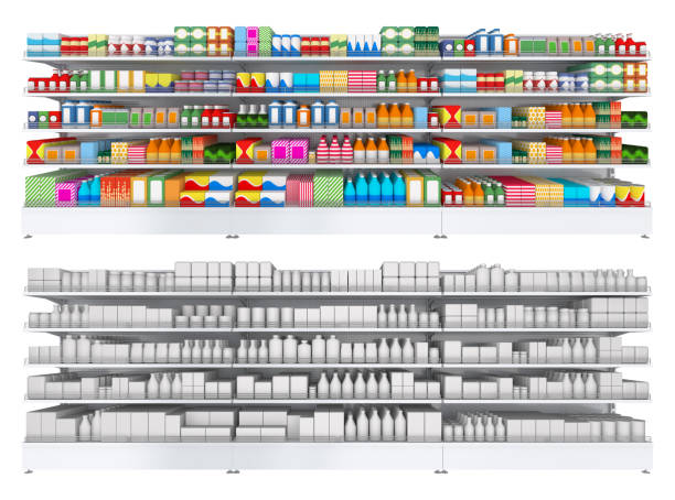 istock Open shelf with colored and white blank goods in a self-service store. 1061694922