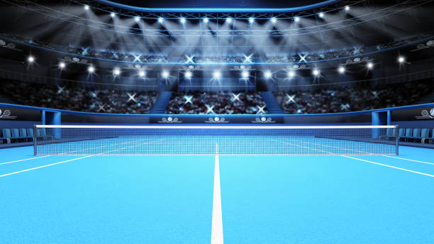 opinião de tribunal de tênis azul e estádio cheio de espectadores, com focos - european architecture flash - fotografias e filmes do acervo