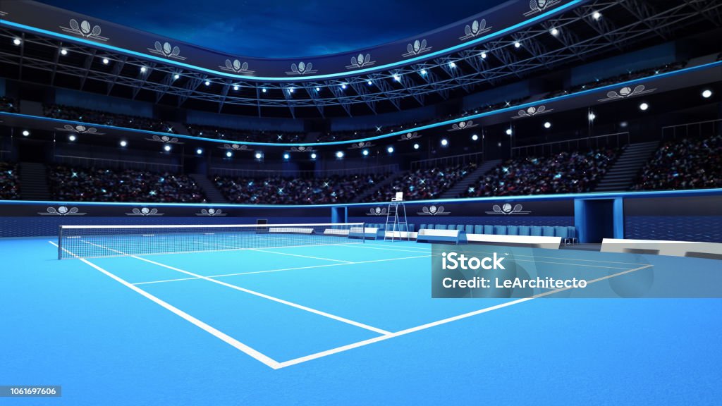 intero campo da tennis dal punto di vista del giocatore - Foto stock royalty-free di Tennis
