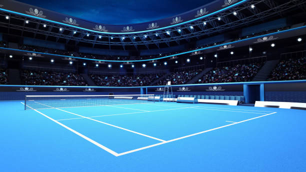 whole tennis court from the perspective of the player - quadra desportiva ilustrações imagens e fotografias de stock