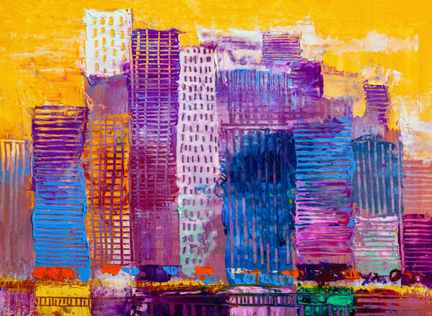 istock Abstract oil painting cityscape, with skyscrapers against a sun 1061699720