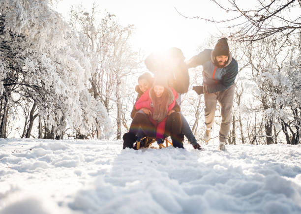 istock Below view of playful friends on a sledge at snow. 1061700754