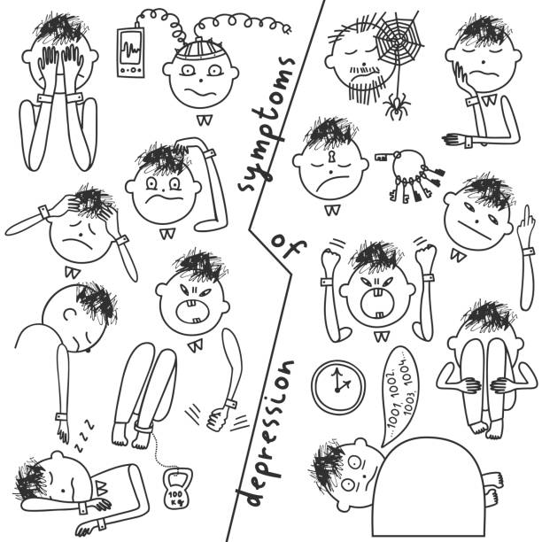Depression signs and symptoms. Vector illustration of problems of mental health Depression signs and symptoms. Set of objects and characters. Vector illustration of problems of mental health. Doodle style brain eater stock illustrations