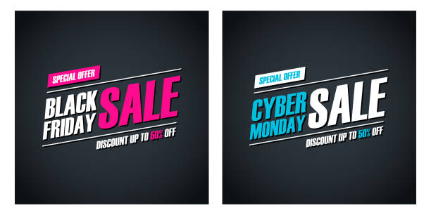 Black Friday Sale and Cyber Monday Sale special offer promotional cards for business, promotion and advertising. Discount up to 50% off. Black Friday Sale and Cyber Monday Sale special offer promotional cards for business, promotion and advertising. Discount up to 50% off. Vector illustration. cyber monday stock illustrations
