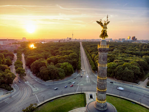 The victory column Tiergarten aerial view The Victory Column at the Tiergarten in Berlin during sunrise central berlin photos stock pictures, royalty-free photos & images