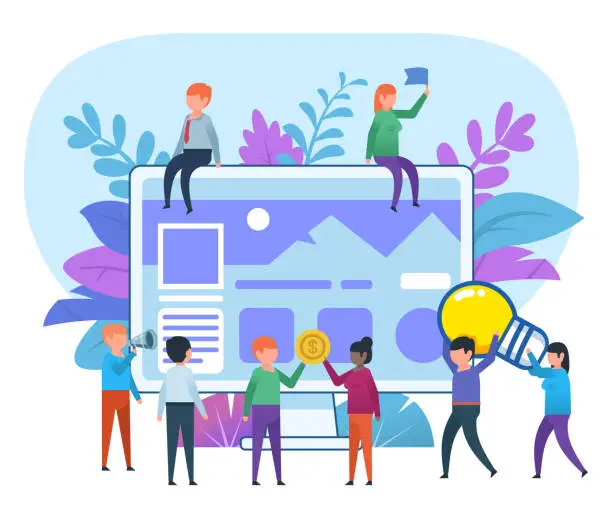 Vector illustration of Small people working around big screen with website