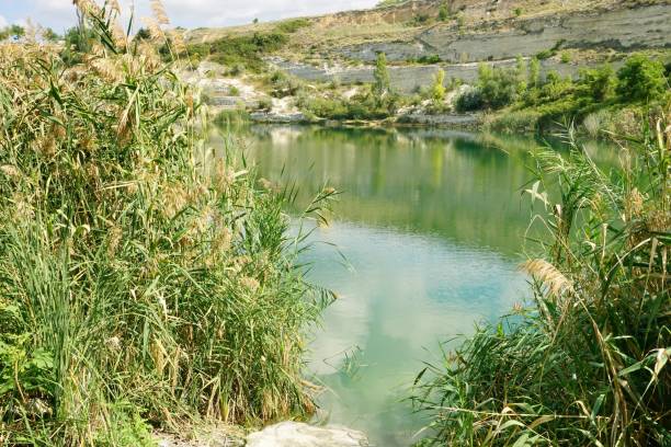 Сoast of lake Mountain lake in old quarries in Inkerman near Sevastopol inkerman stock pictures, royalty-free photos & images