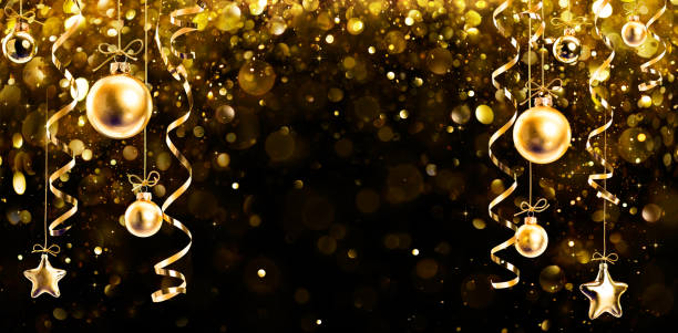 istock Christmas Banner - Glitter With Hanging Shiny Balls On Black Background 1061711248