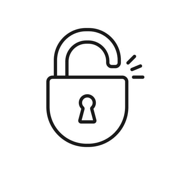 Black isolated outline icon of unlocked lock on white background. Line Icon of padlock. Black isolated outline icon of unlocked lock on white background. Line Icon of padlock unlocking stock illustrations