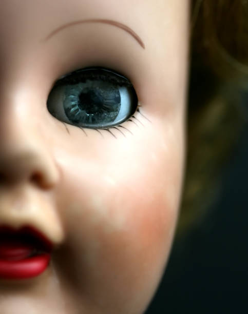 Old Doll Portrait Close up of a blue eyed doll with red lips creepy doll stock pictures, royalty-free photos & images