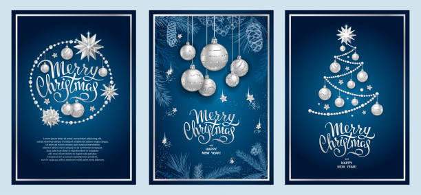 Merry Christmas decoration 2019 Set of three card Merry Christmas and Happy New Year. Christmas tree, silver glass balls, stars, sequins and elegant lettering on blue background. Sketch of branches fir tree, cedar, pine and cones christmas christmas decoration christmas tree tree stock illustrations