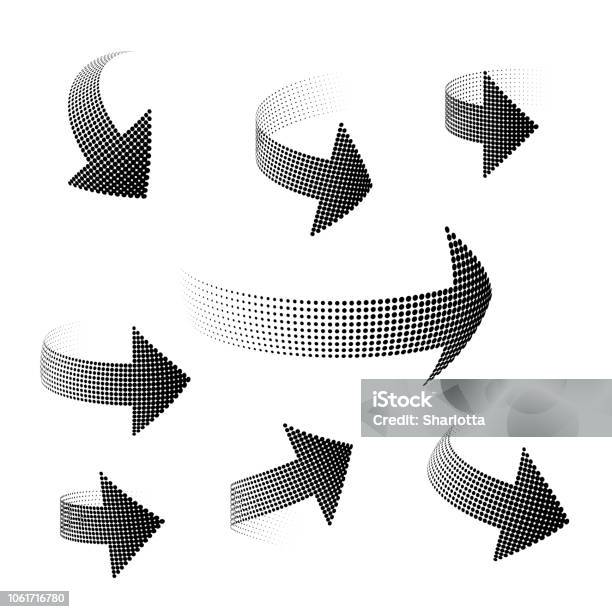 Set Of 3d Arrows Halfton Distorted In Space Elements For Design Stock Illustration - Download Image Now