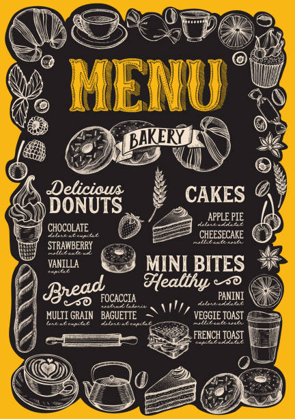 ilustraciones, imágenes clip art, dibujos animados e iconos de stock de menú para restaurante con marco de dibujado a mano frutas y dulces de panadería. - 5519