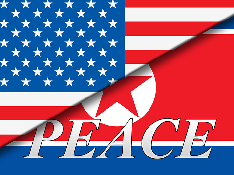 United States North Korea Peace Flags 3d Illustration. Hope Meeting And Nuclear Accord Between US And NK