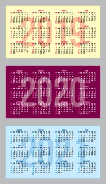 Vector illustration of Set of vector color calendar grid templates in business card format.