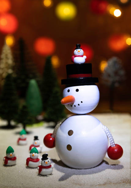 istock Big and small snowman stand on ice ground with Christmas light background 1061733650