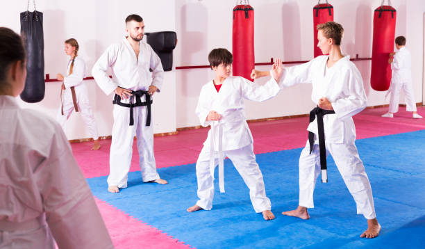 istock Children working in pair mastering new karate moves 1061738494