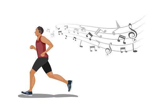 men runing with  listening to music via wireless earphones on white background.