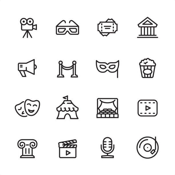 Culture & Entertainment - outline icon set 16 line black on white icons / Set #68 / Entertainment and Culture
Pixel Perfect Principle - all the icons are designed in 48x48pх square, outline stroke 2px.

First row of outline icons contains: 
Movie Camera, 3-D Glasses, Tickets, Theater;

Second row contains: 
Speaker, Red Carpet, Mask - Disguise, Popcorn;

Third row contains: 
Tragedy & Comedy Mask, Circus, Stage, Movie; 

Fourth row contains: 
Architecture, Film Industry, Microphone, Record.

Complete Inlinico collection - https://www.istockphoto.com/collaboration/boards/2MS6Qck-_UuiVTh288h3fQ customs stock illustrations