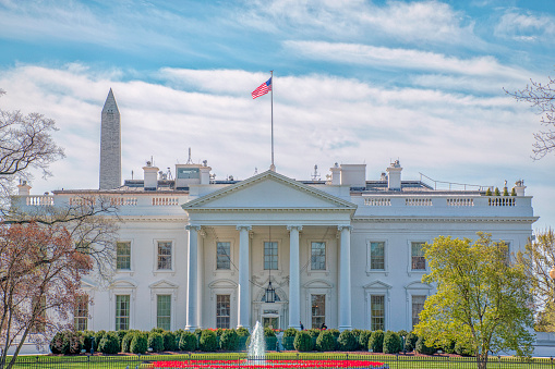View of the White House in the nation's capital, Washington DC in spring with Washington monument in background