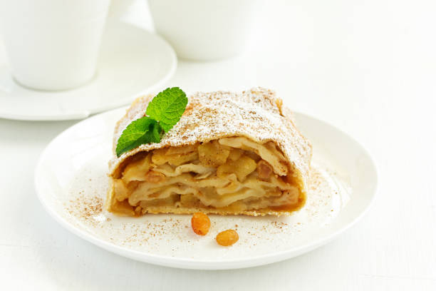 Traditional apple strudel on a plate still-life stock photo images