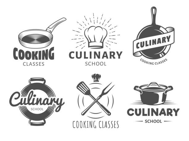Culinary school Icons. Culinary school Icons. Vector badges for cooking classes, workshops and courses. Set of vintage monochrome labels with chefs hat, pans and kitchenware kitchen knife illustrations stock illustrations