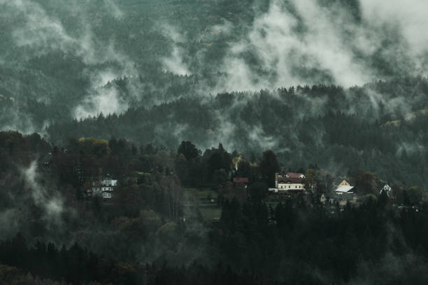 紅葉のチェコ ザクセン ・ スイスで砂の岩 montains、無表情な暗い霧雨の朝風景 - pravcicka ストックフォトと画像