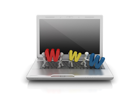 Computer Laptop with Business People Carrying WWW Letters - White Background - 3D Rendering