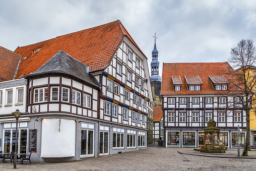 Square with fountain in Soest city center, Germany