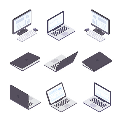 Laptops and computers - set of modern vector isometric elements isolated on white background. Open and closed laptops, office monitors with keyboards and mouse. Infographic charts, diagrams on screen