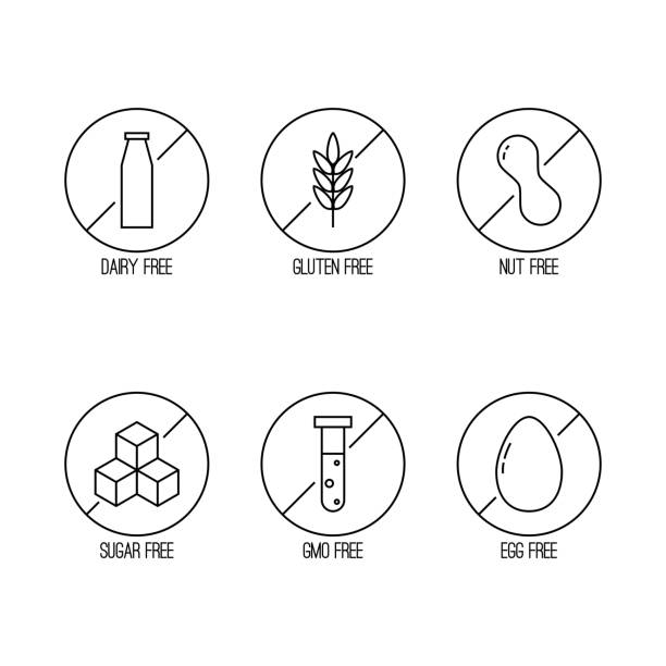 ilustrações de stock, clip art, desenhos animados e ícones de vector set of food diet labels. - allergy food peanut pollen