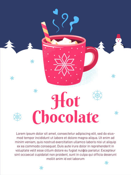 Winter season poster cup chocolate marshmallows Winter season poster with red cup of hot chocolate, marshmallows and candy. Christmas hot drink of cocoa, coffee in mug with snowflake. Winter background with text. Blackboard restaurant or cafe sign. marshmallow chocolate stock illustrations