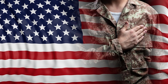 US Army concept. United States of America flag and soldier with hand on his heart. 3d illustration