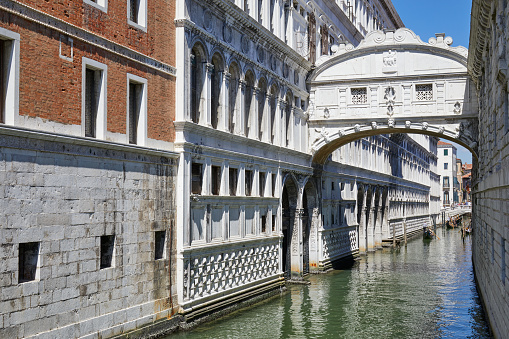 Bridge of Sighs, wide angle view in a sunny day, blue sky in Venice, Italy