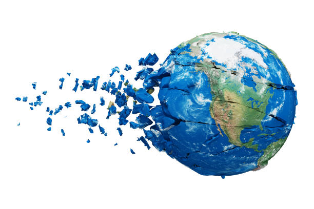 Broken shattered planet earth globe isolated on white background. Blue and green realistic world with particles and debris. Damaged destroyed crashed world globe. 3d render illustration with map NASA.