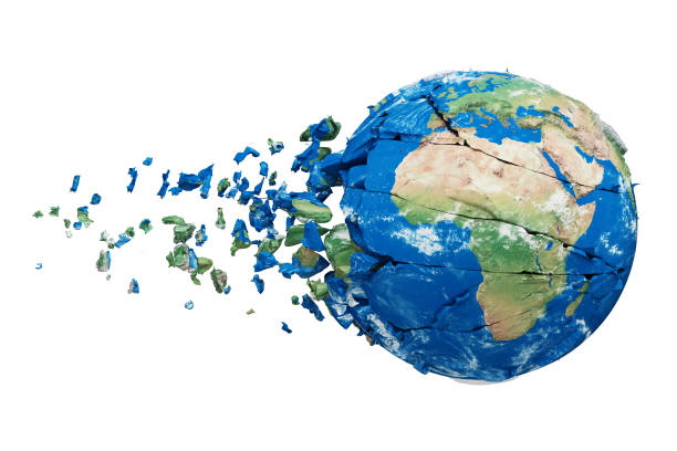 istock Broken shattered planet earth globe isolated on white background. Blue and green realistic world with particles and debris. 1061775044