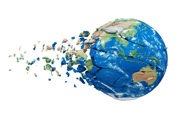 istock Broken shattered planet earth globe isolated on white background. Blue and green realistic world with particles and debris. 1061775046