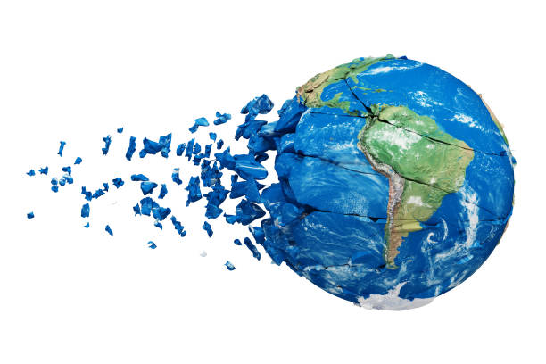 istock Broken shattered planet earth globe isolated on white background. Blue and green realistic world with particles and debris. 1061775052