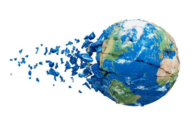 istock Broken shattered planet earth globe isolated on white background. Blue and green realistic world with particles and debris. 1061775064