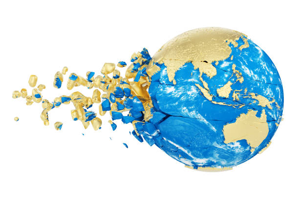 istock Broken shattered planet earth globe isolated on white background. Gold metallic world with particles and debris. 1061775076