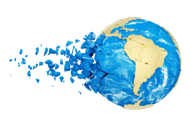 istock Broken shattered planet earth globe isolated on white background. Gold metallic world with particles and debris. 1061775082
