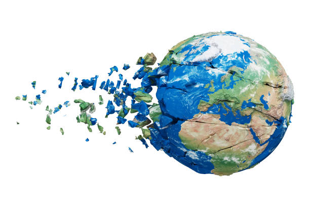 istock Broken shattered planet earth globe isolated on white background. Blue and green realistic world with particles and debris. 1061775096
