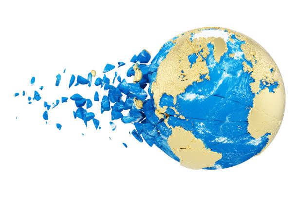 istock Broken shattered planet earth globe isolated on white background. Gold metallic world with particles and debris. 1061775102