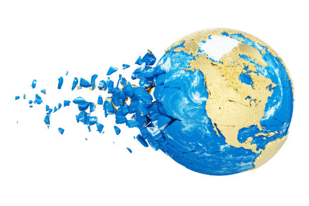 istock Broken shattered planet earth globe isolated on white background. Gold metallic world with particles and debris. 1061775124