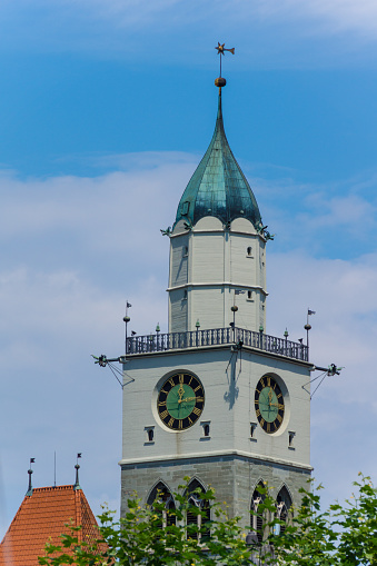 Germany, Ancient church spire of town Ueberlingen at lake constance with blue sky