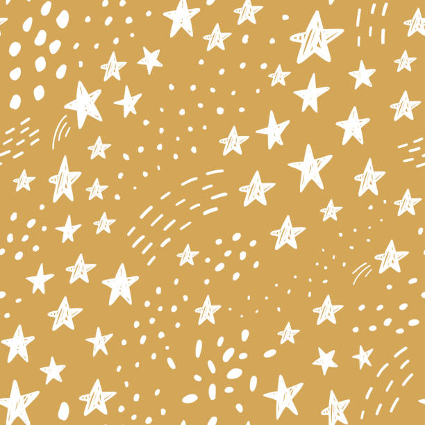 Hand drawn cute kids abstract seamless pattern. Stars space simple background Hand drawn black and white abstract seamless pattern. Rain, stars, clouds, lightning, space background stars space texture stock illustrations