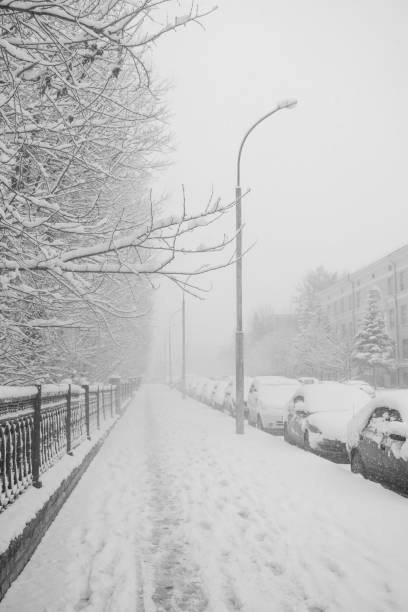 istock Snow-covered sidewalk and parked cars along it during strong snowfall. 1061783142